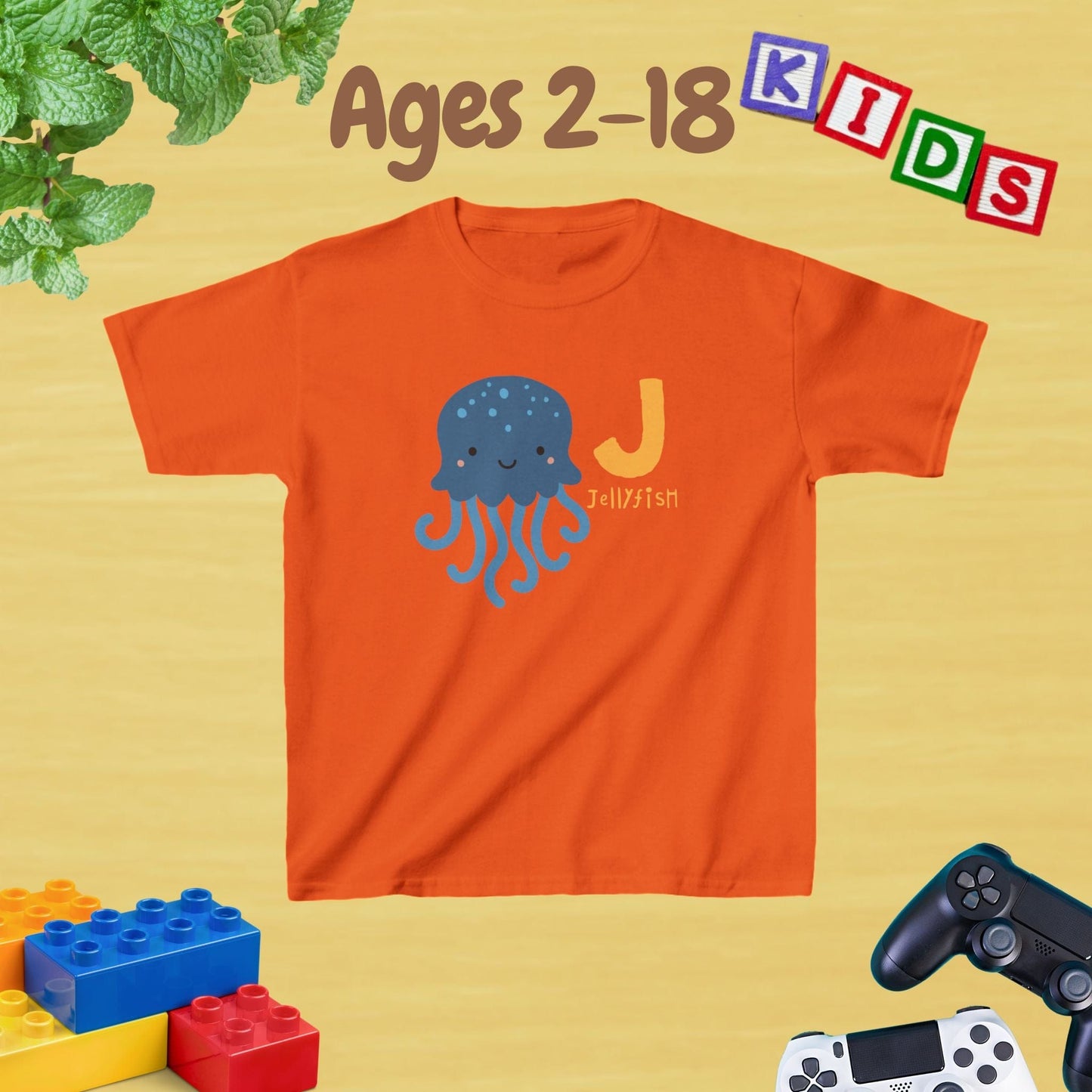 Animal Alphabet - J for Jellyfish Unisex Kids Tee - Graphic Alphabet Tee for Kids Age 2-18