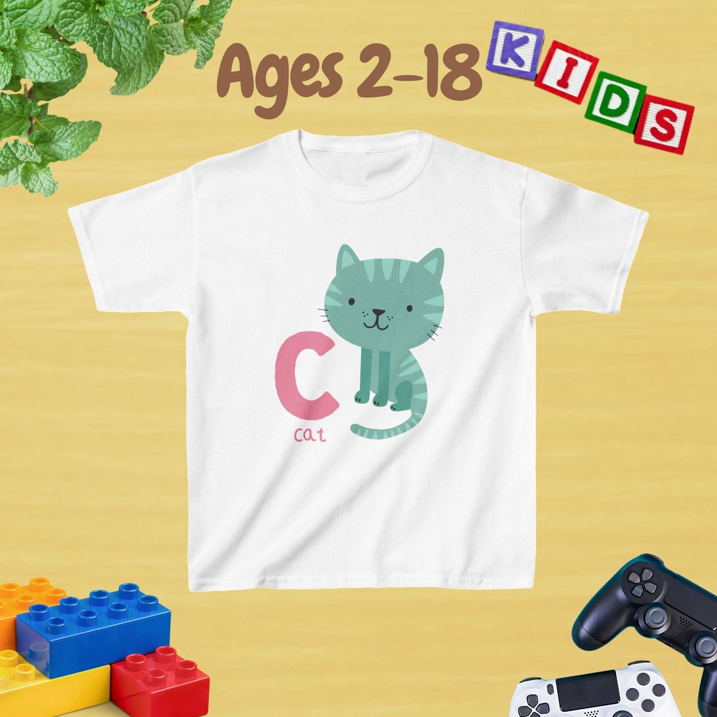 Animal Alphabet - C for Cat Unisex Kids Tee - Graphic Alphabet Tee for Kids Age 2-18