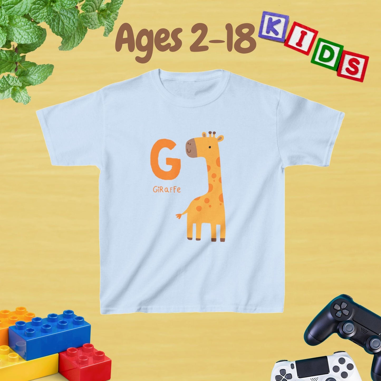Animal Alphabet - G for Giraffe Unisex Kids Tee - Graphic Alphabet Tee for Kids Age 2-18