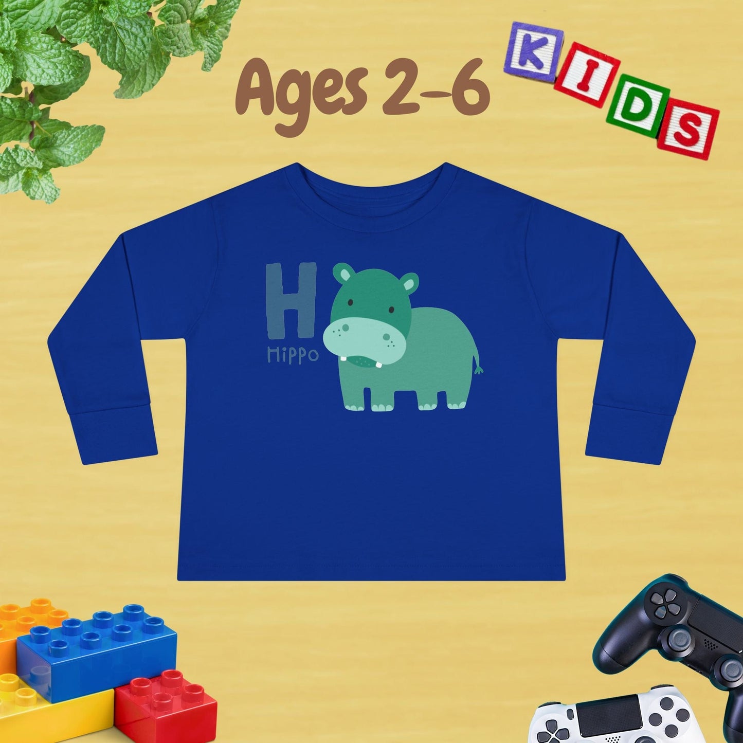 Animal Alphabet H for Hippo Unisex Kids Sweater Toddler Long Sleeve Tee Ages 2-6 - 100% Cotton Spring and Fall Kids Sweatshirt