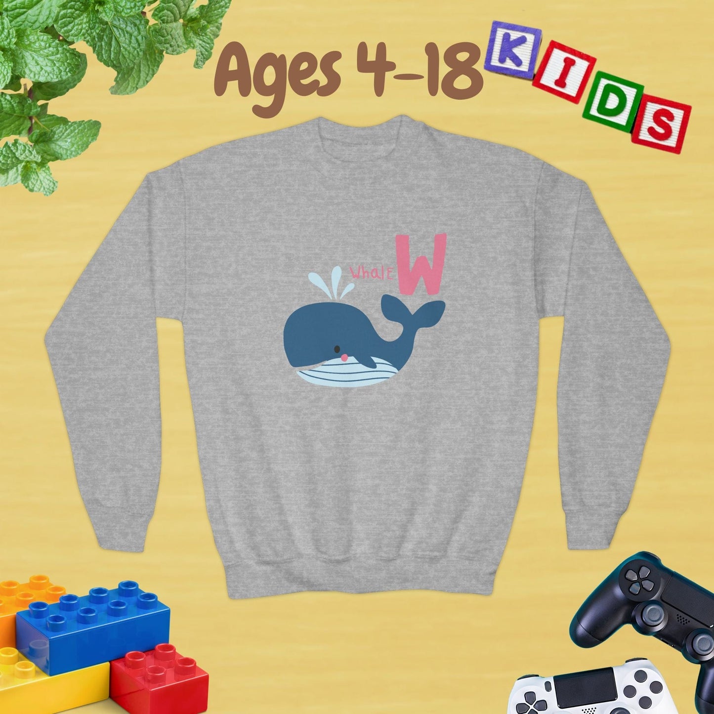 Animal Alphabet W for Whale Ages 4-18 Unisex Kids and Teens Sweatshirt - Cozy Fall and Winter Youth Sweatshirt