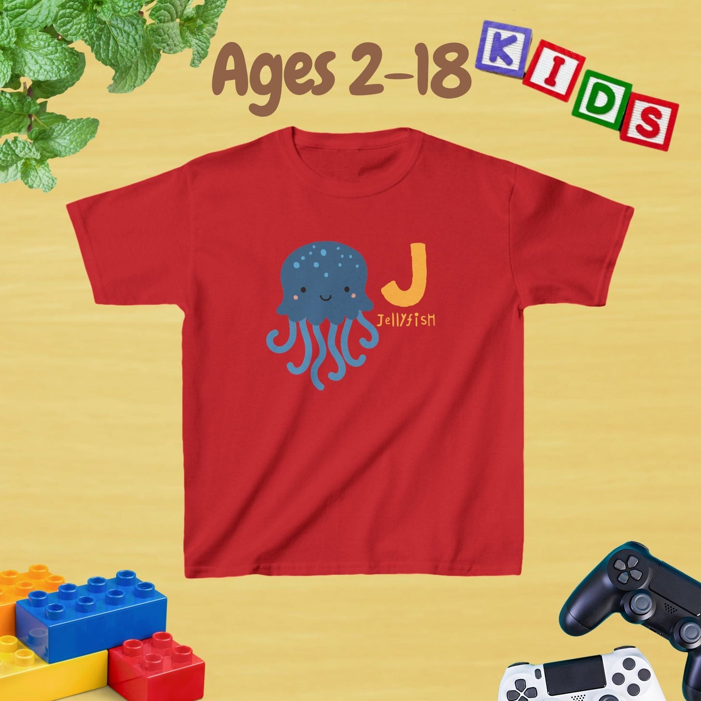 Animal Alphabet - J for Jellyfish Unisex Kids Tee - Graphic Alphabet Tee for Kids Age 2-18