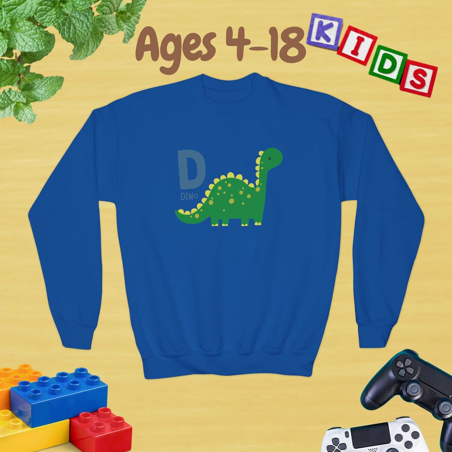 Animal Alphabet - D for Dino Ages 4-18 Unisex Kids and Teens Sweatshirt - Cozy Fall and Winter Youth Sweatshirt