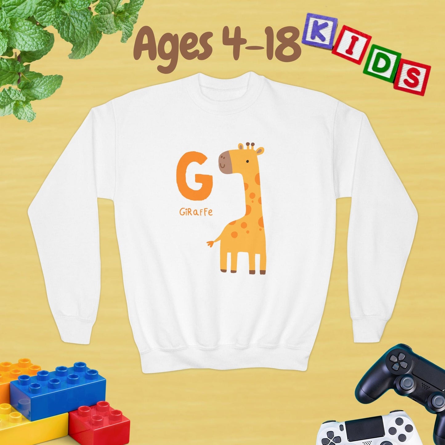 Animal Alphabet - G for Giraffe Ages 4-18 Unisex Kids and Teens Sweatshirt - Cozy Fall and Winter Youth Sweatshirt