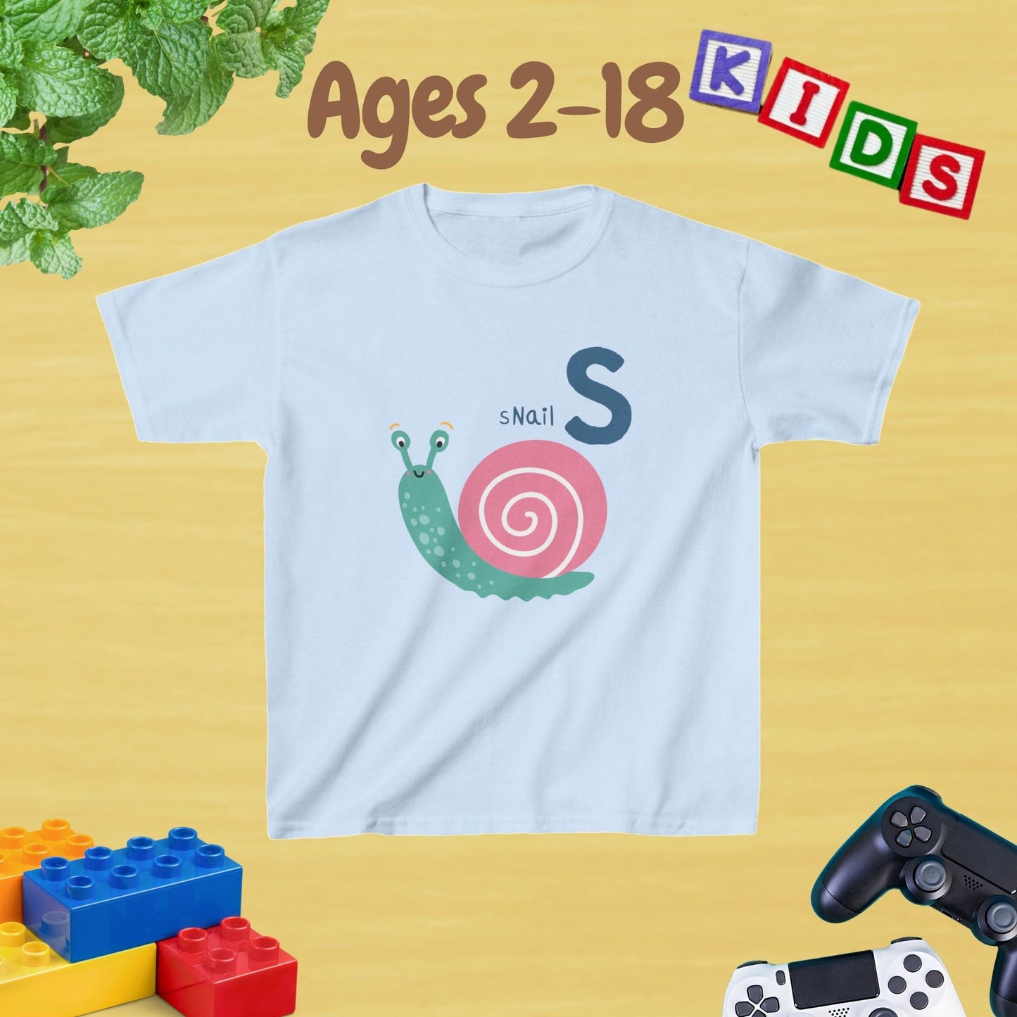 Animal Alphabet - S for Snail Unisex Kids Tee - Fun Educational Graphic Tee for Kids Age 2-18