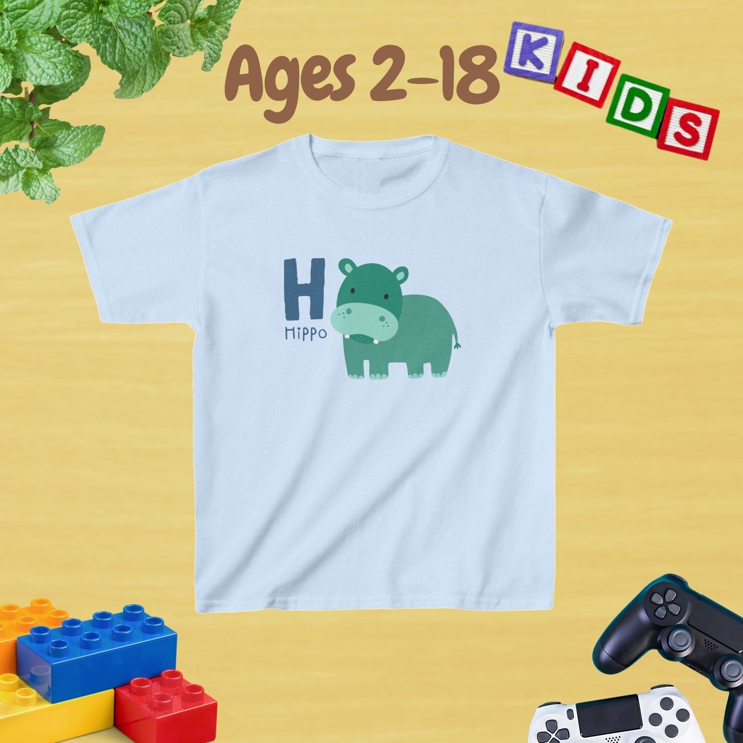 Animal Alphabet - H for Hippo Unisex Kids Tee - Graphic Alphabet Tee for Kids Age 2-18
