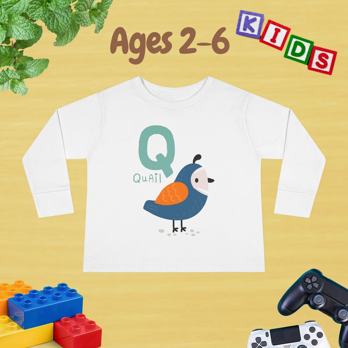 Animal Alphabet Q for Quail Unisex Kids Sweater Toddler Long Sleeve Tee Ages 2-6 - 100% Cotton Spring and Fall Kids Sweatshirt