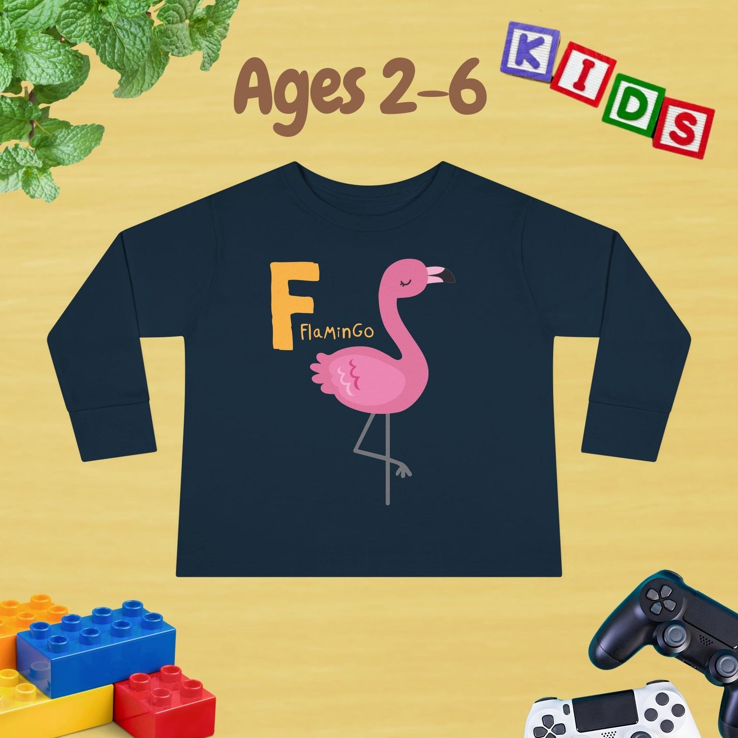 Animal Alphabet F for Flamingo Unisex Kids Sweater Toddler Long Sleeve Tee Ages 2-6 - 100% Cotton Spring and Fall Kids Sweatshirt