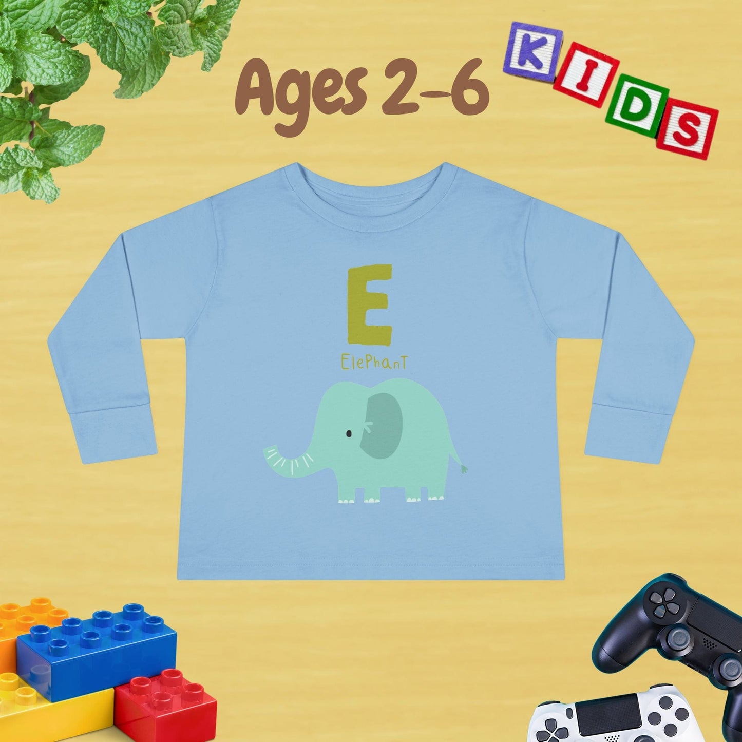 Animal Alphabet E for Elephant Unisex Kids Sweater Toddler Long Sleeve Tee Ages 2-6 - 100% Cotton Spring and Fall Kids Sweatshirt