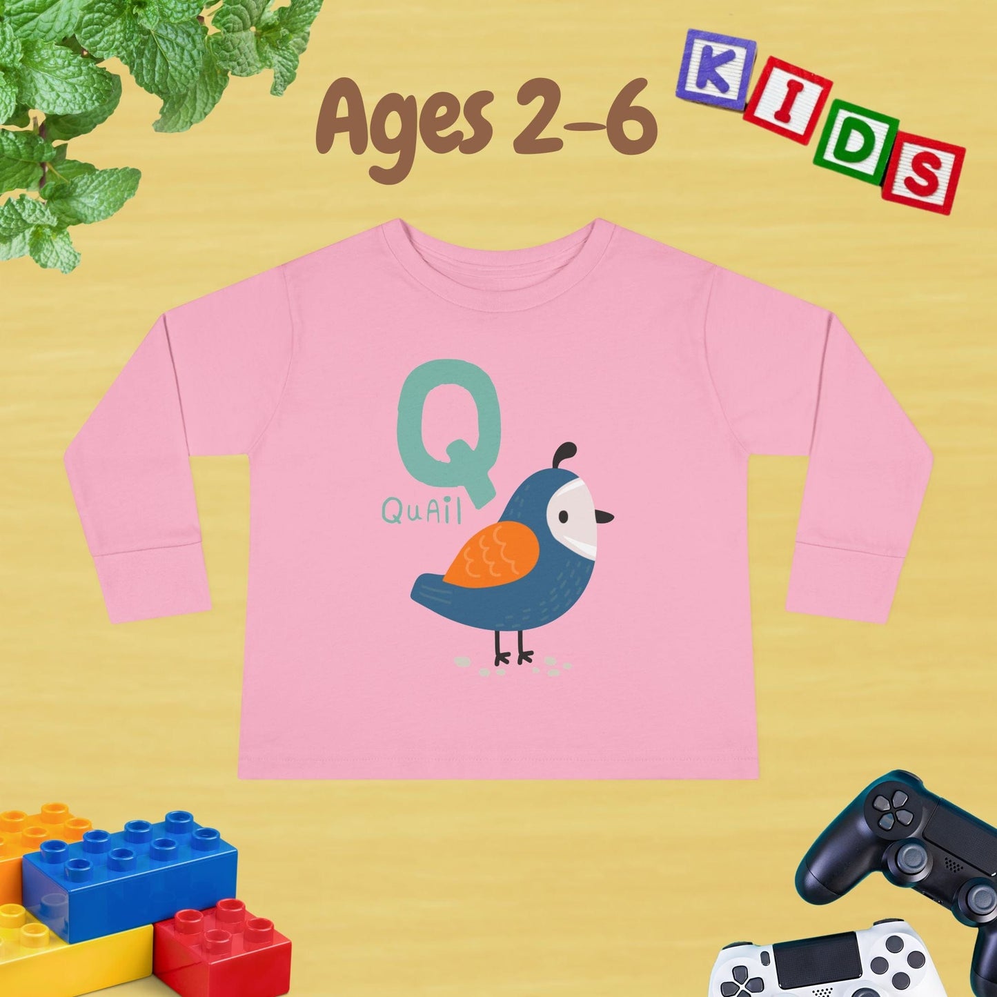 Animal Alphabet Q for Quail Unisex Kids Sweater Toddler Long Sleeve Tee Ages 2-6 - 100% Cotton Spring and Fall Kids Sweatshirt
