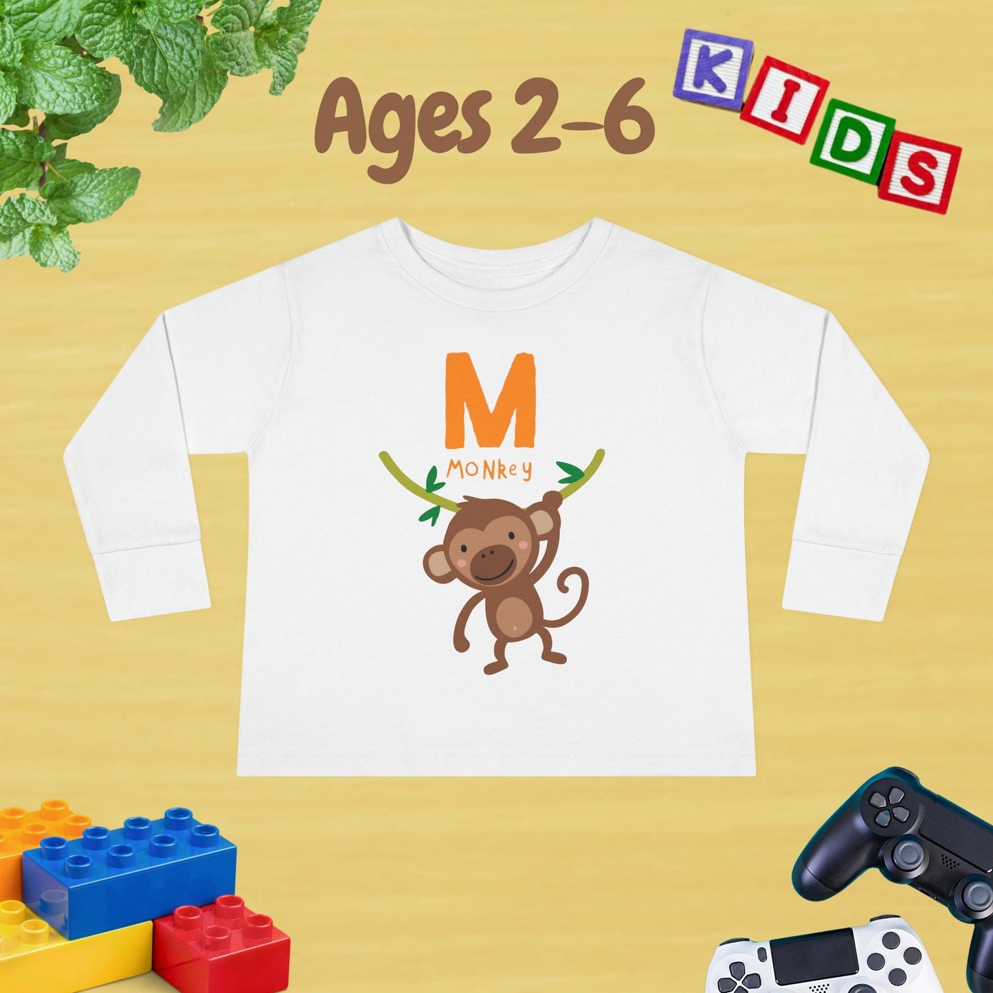 Animal Alphabet M for Monkey Unisex Kids Sweater Toddler Long Sleeve Tee Ages 2-6 - 100% Cotton Spring and Fall Kids Sweatshirt