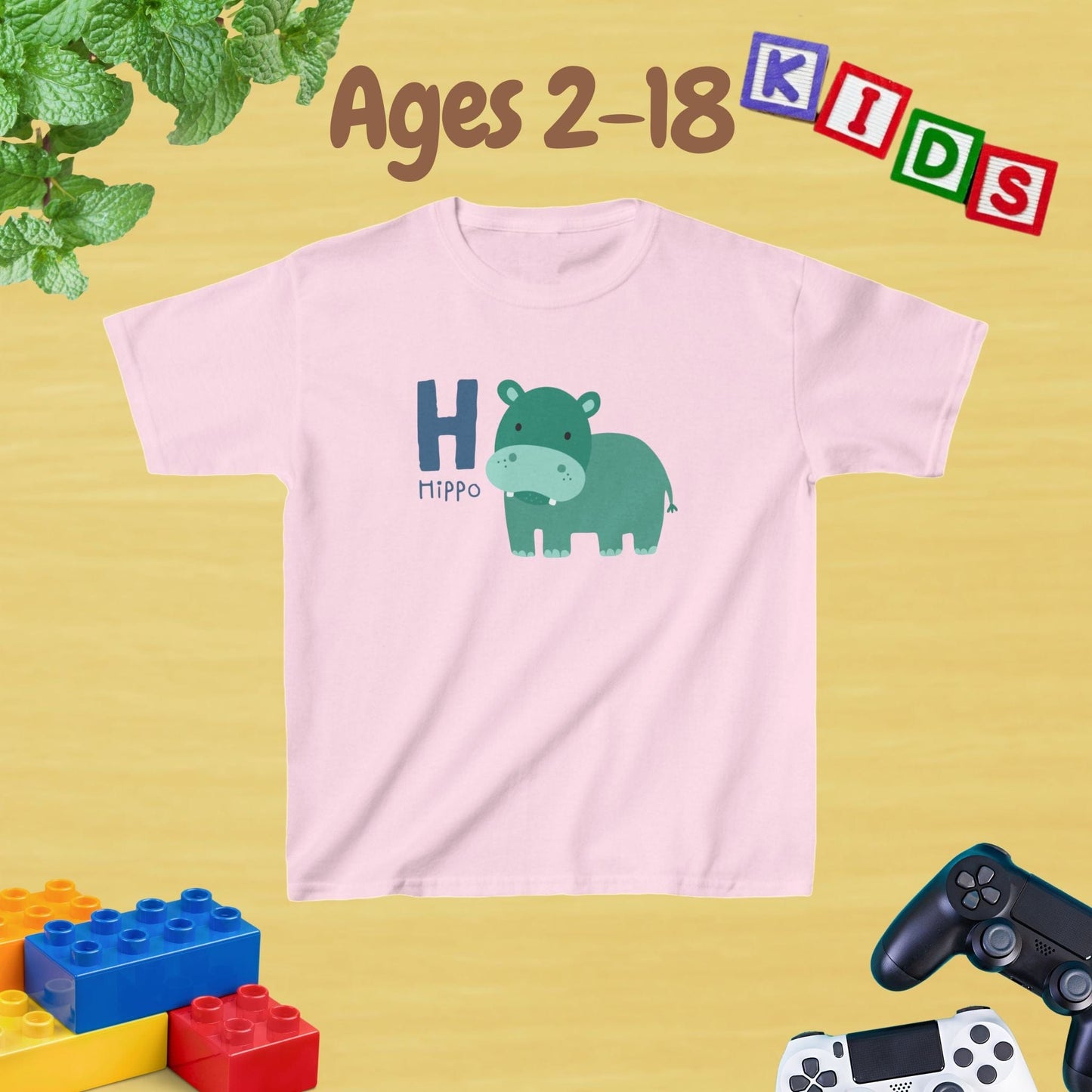 Animal Alphabet - H for Hippo Unisex Kids Tee - Graphic Alphabet Tee for Kids Age 2-18