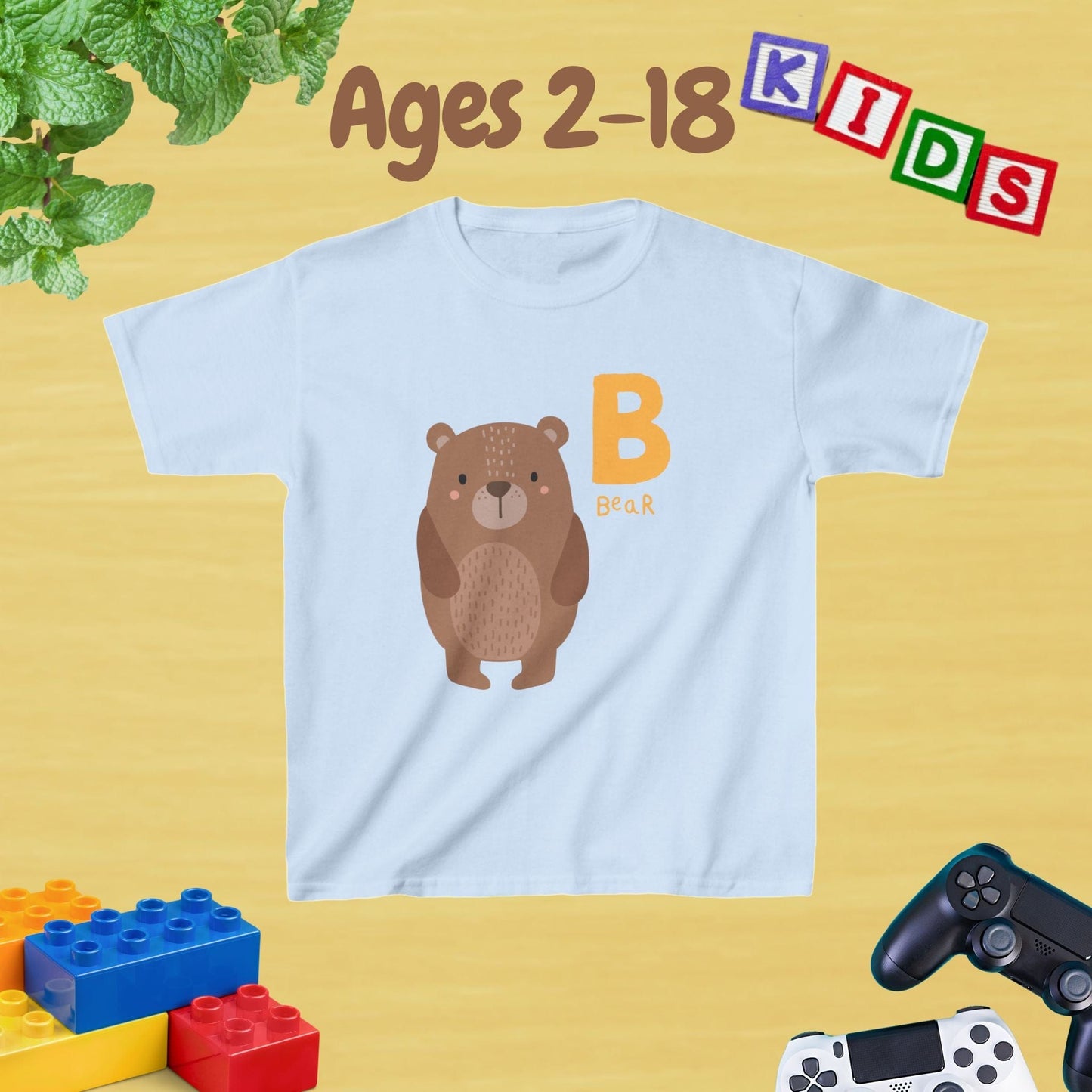 Animal Alphabet - B for Bear Unisex Kids Tee - Graphic Alphabet Tee for Kids Age 2-18