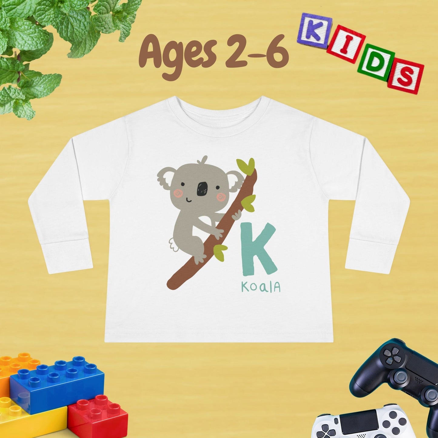 Animal Alphabet K for Koala Unisex Kids Sweater Toddler Long Sleeve Tee Ages 2-6 - 100% Cotton Spring and Fall Kids Sweatshirt