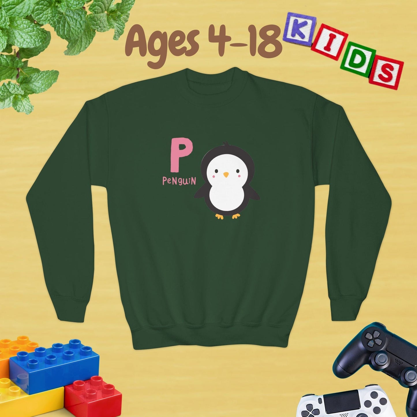 Animal Alphabet P for Penguin Ages 4-18 Unisex Kids and Teens Sweatshirt - Cozy Fall and Winter Youth Sweatshirt