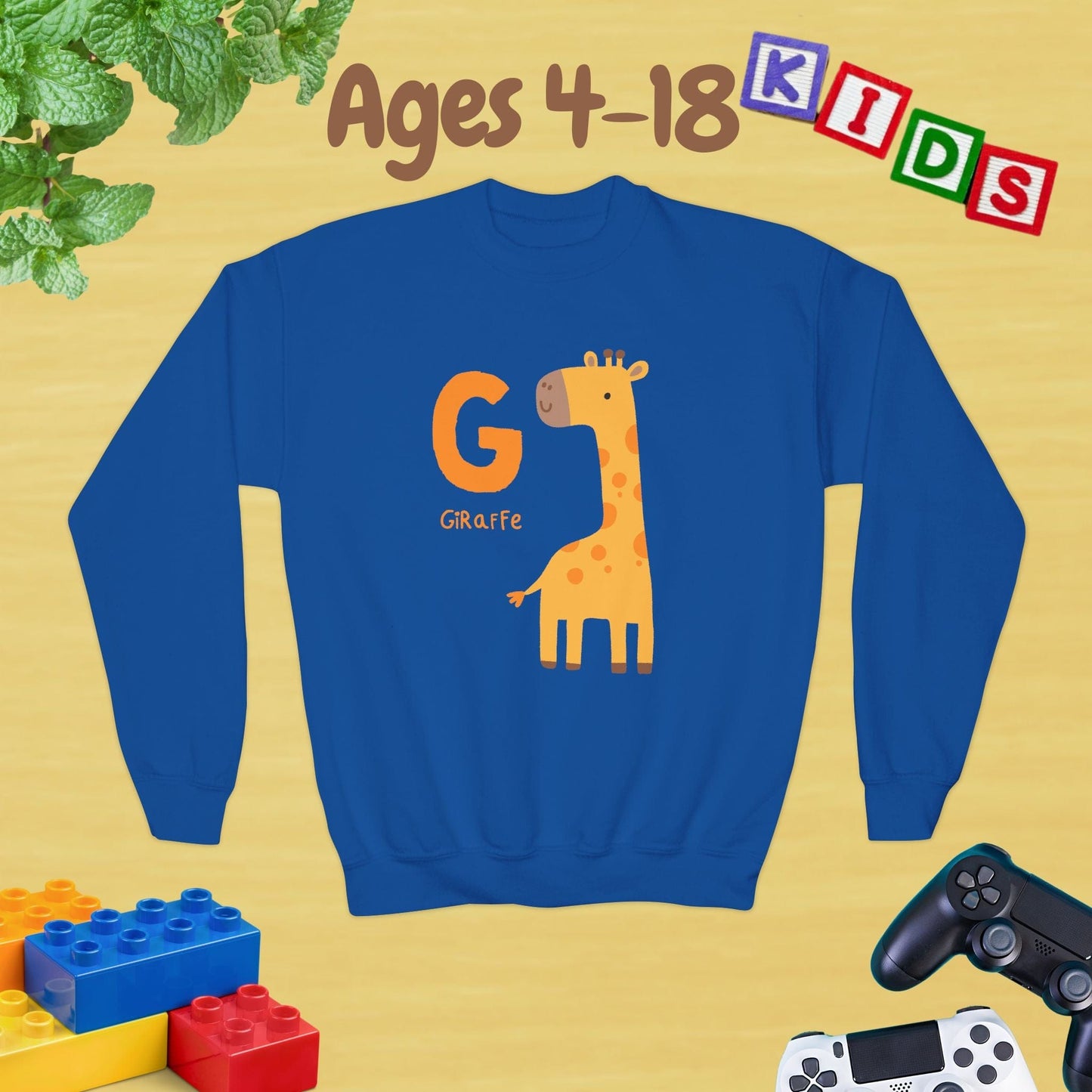Animal Alphabet - G for Giraffe Ages 4-18 Unisex Kids and Teens Sweatshirt - Cozy Fall and Winter Youth Sweatshirt