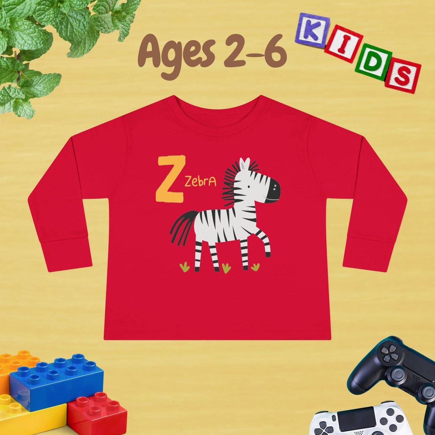 Animal Alphabet Z for Zebra Unisex Kids Sweater Toddler Long Sleeve Tee Ages 2-6 - 100% Cotton Spring and Fall Kids Sweatshirt