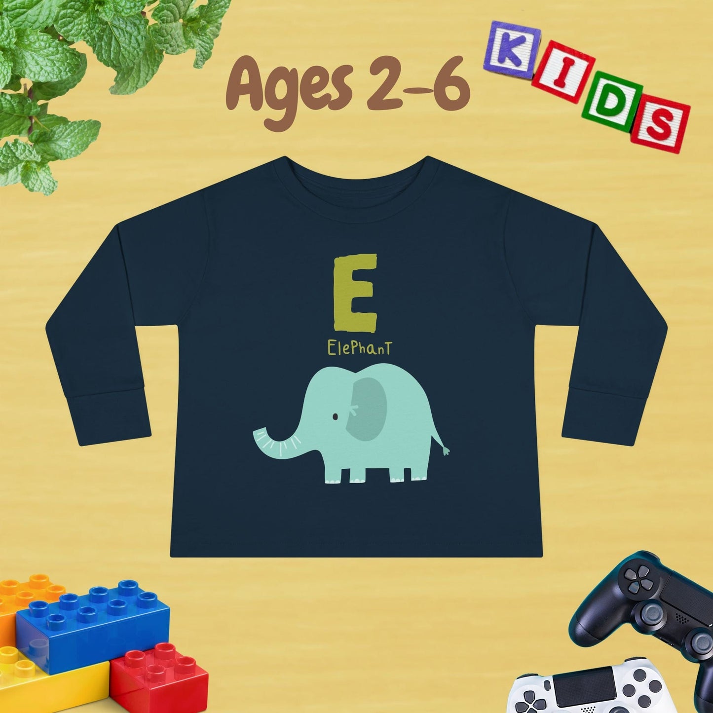 Animal Alphabet E for Elephant Unisex Kids Sweater Toddler Long Sleeve Tee Ages 2-6 - 100% Cotton Spring and Fall Kids Sweatshirt
