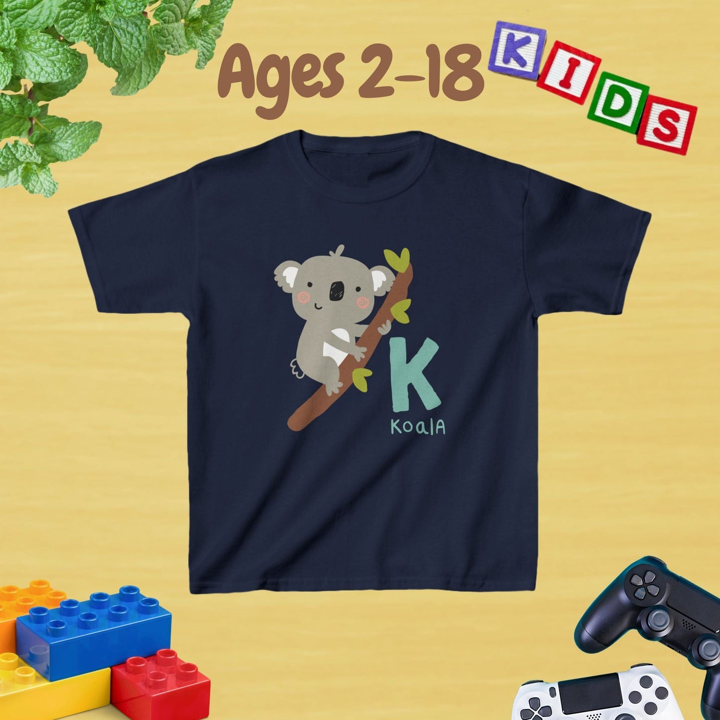 Animal Alphabet - K for Koala Unisex Kids Tee - Fun Educational Graphic Tee for Kids Age 2-18