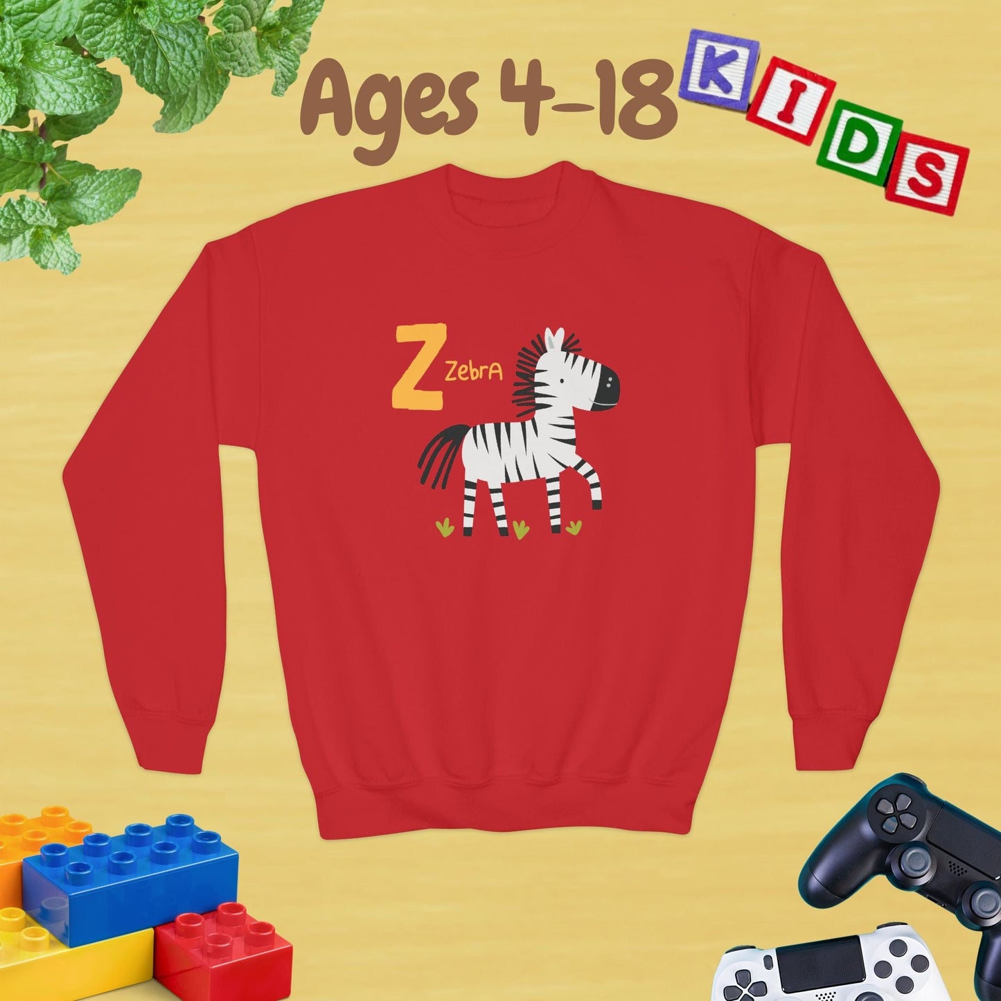 Animal Alphabet Z for Zebra Ages 4-18 Unisex Kids and Teens Sweatshirt - Cozy Fall and Winter Youth Sweatshirt