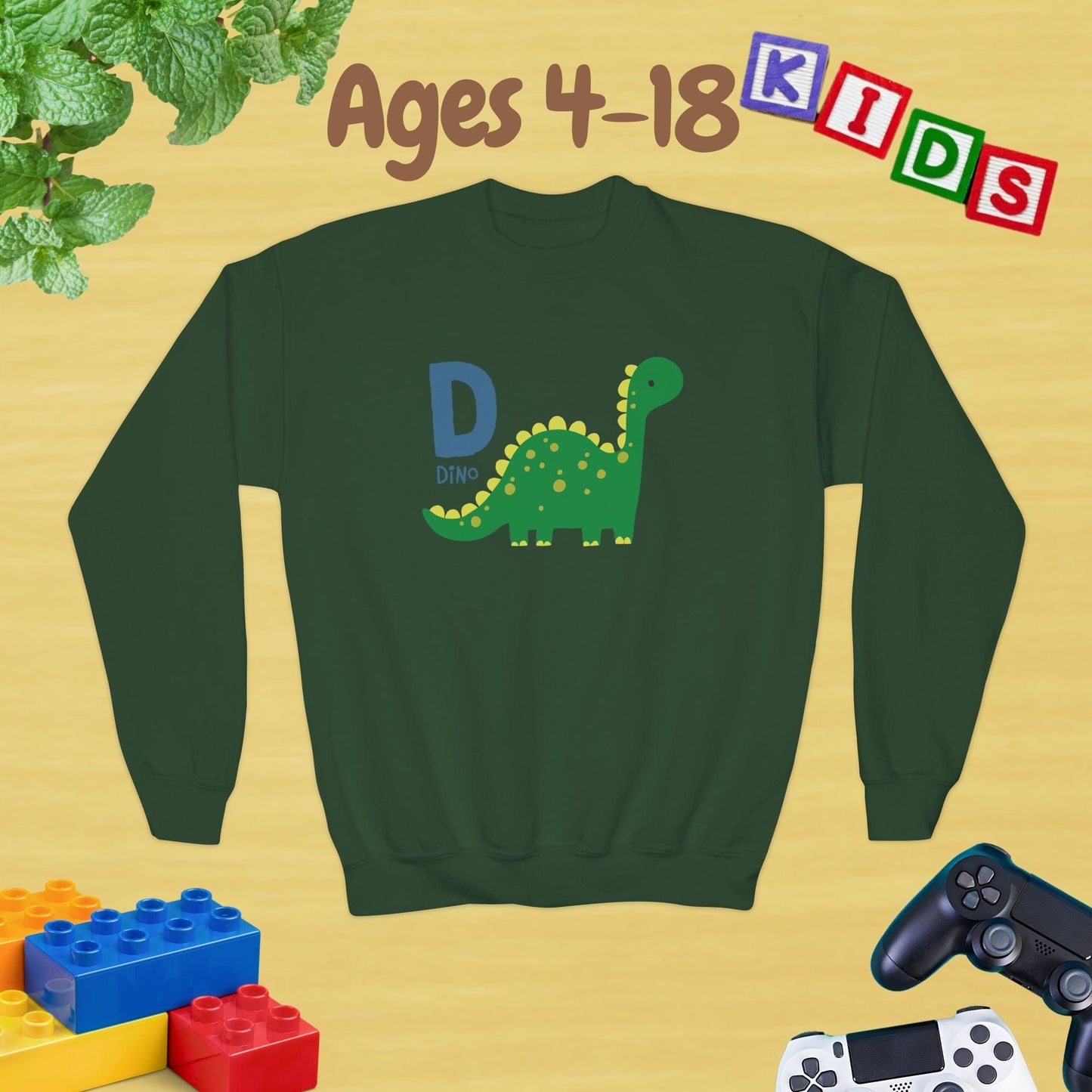 Animal Alphabet - D for Dino Ages 4-18 Unisex Kids and Teens Sweatshirt - Cozy Fall and Winter Youth Sweatshirt