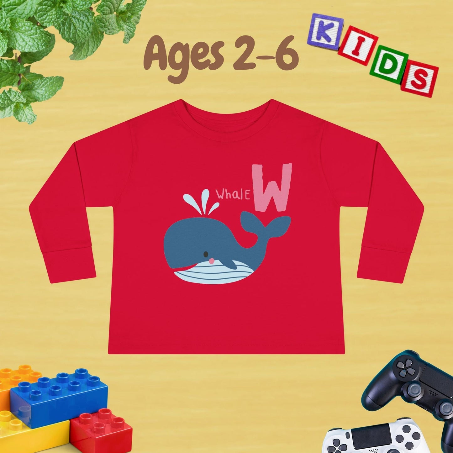 Animal Alphabet W for Whale Unisex Kids Sweater Toddler Long Sleeve Tee Ages 2-6 - 100% Cotton Spring and Fall Kids Sweatshirt