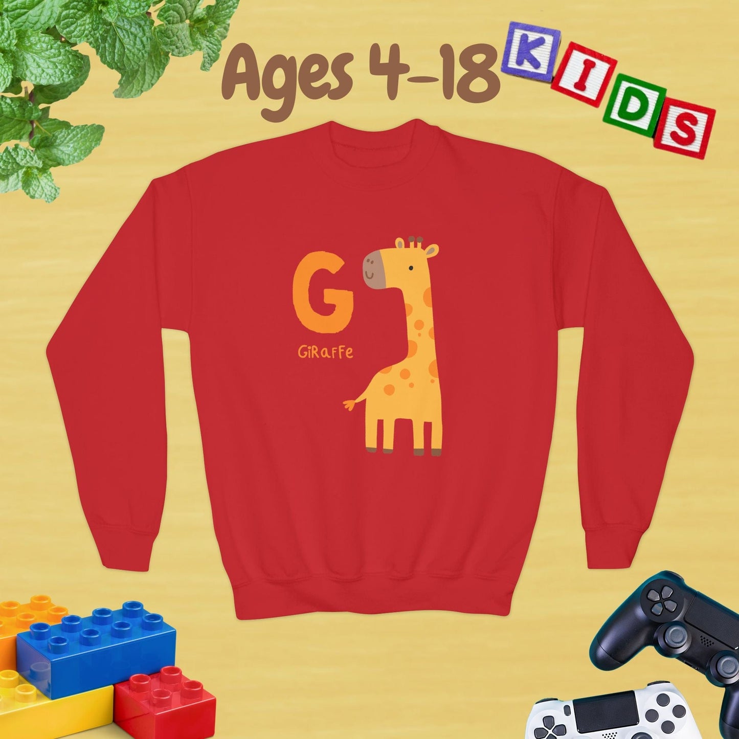 Animal Alphabet - G for Giraffe Ages 4-18 Unisex Kids and Teens Sweatshirt - Cozy Fall and Winter Youth Sweatshirt