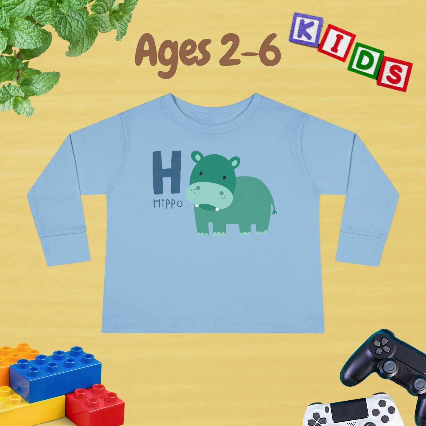 Animal Alphabet H for Hippo Unisex Kids Sweater Toddler Long Sleeve Tee Ages 2-6 - 100% Cotton Spring and Fall Kids Sweatshirt