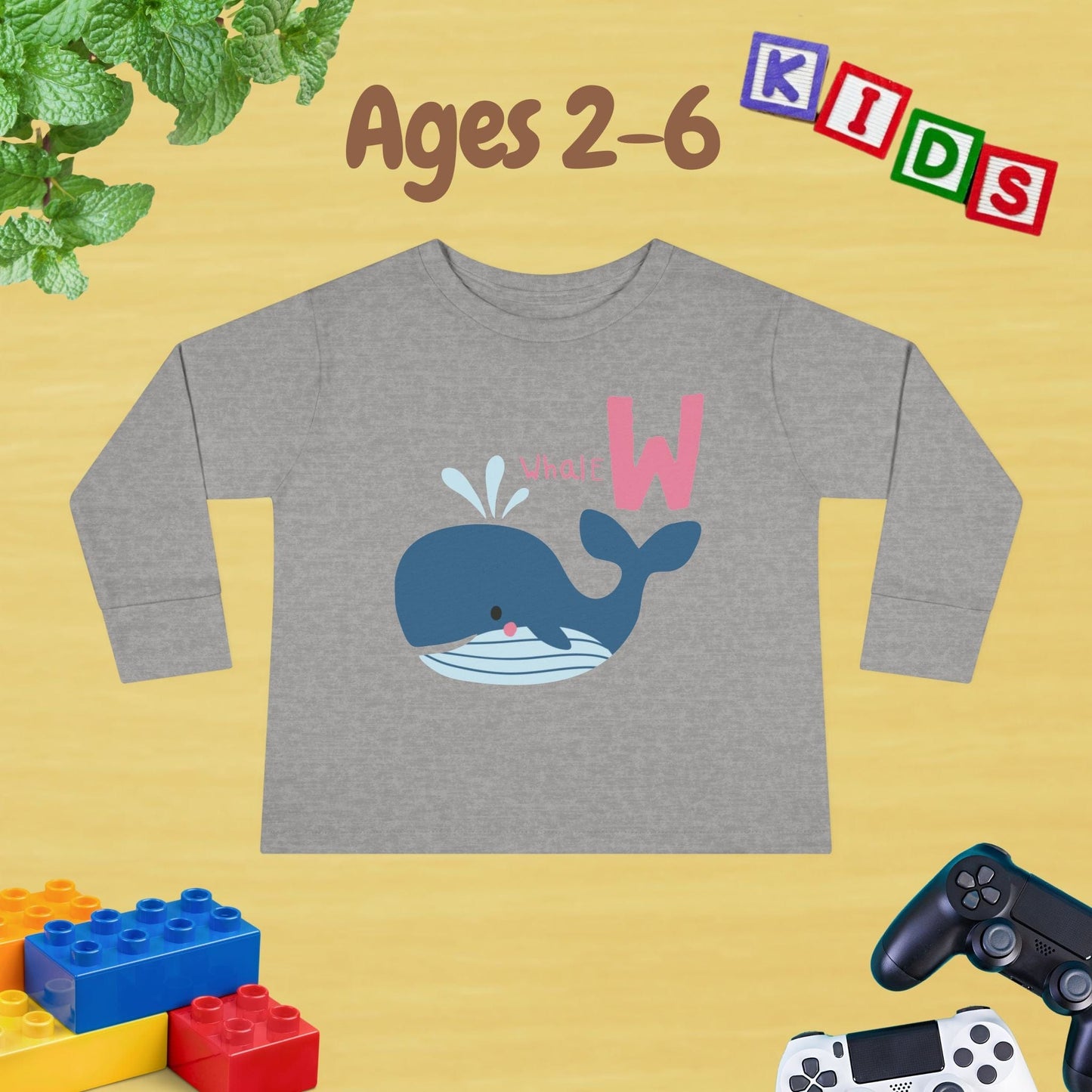 Animal Alphabet W for Whale Unisex Kids Sweater Toddler Long Sleeve Tee Ages 2-6 - 100% Cotton Spring and Fall Kids Sweatshirt