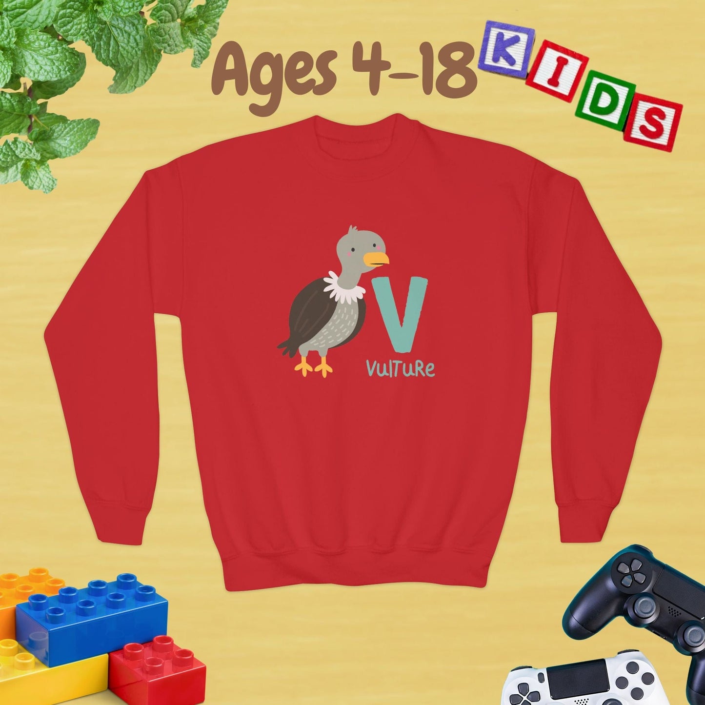 Animal Alphabet V for Vulture Ages 4-18 Unisex Kids and Teens Sweatshirt - Cozy Fall and Winter Youth Sweatshirt