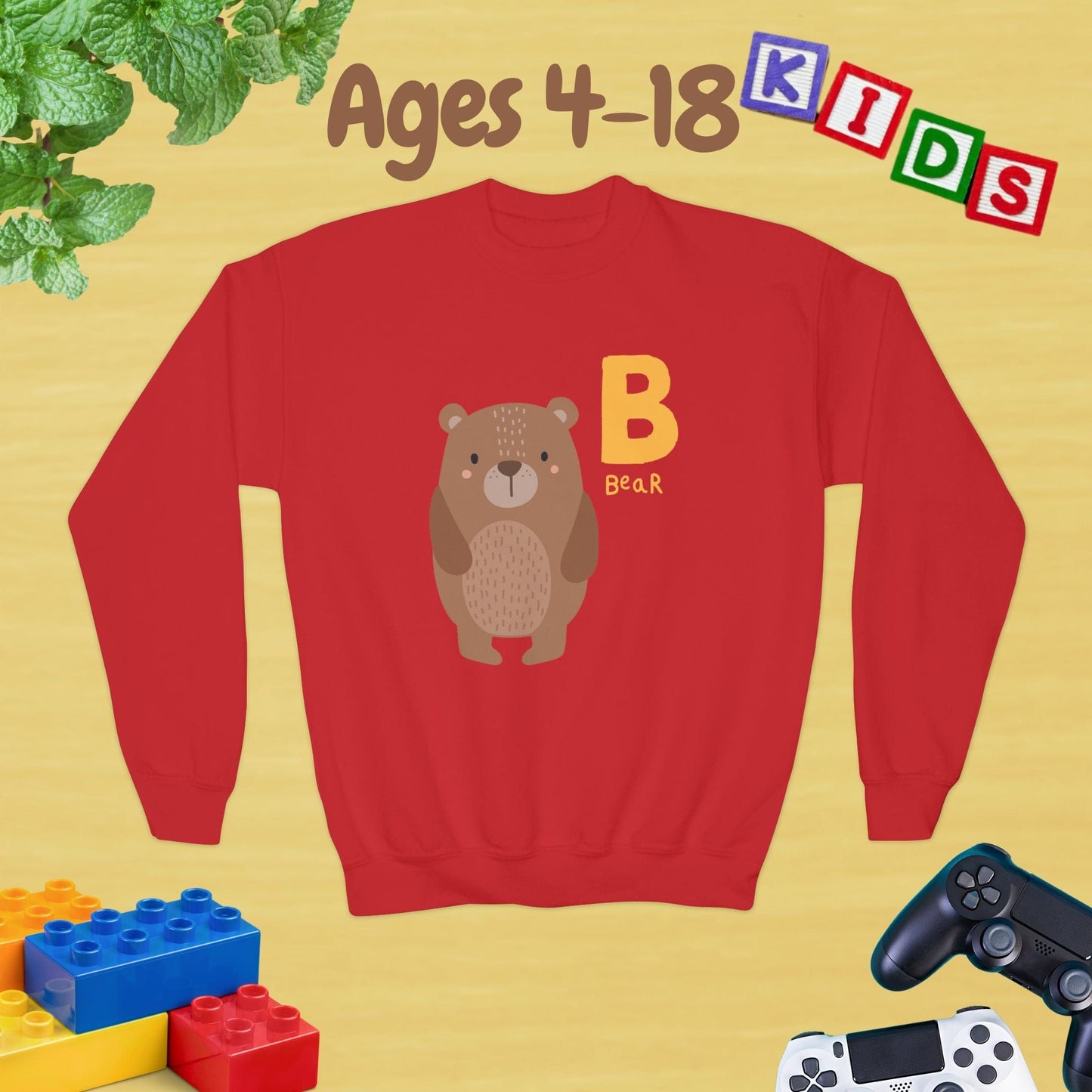 Animal Alphabet - B for Bear Ages 4-18 Unisex Kids and Teens Sweatshirt - Cozy Fall and Winter Youth Sweatshirt