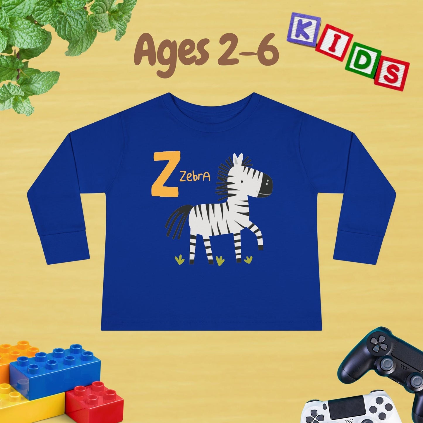 Animal Alphabet Z for Zebra Unisex Kids Sweater Toddler Long Sleeve Tee Ages 2-6 - 100% Cotton Spring and Fall Kids Sweatshirt