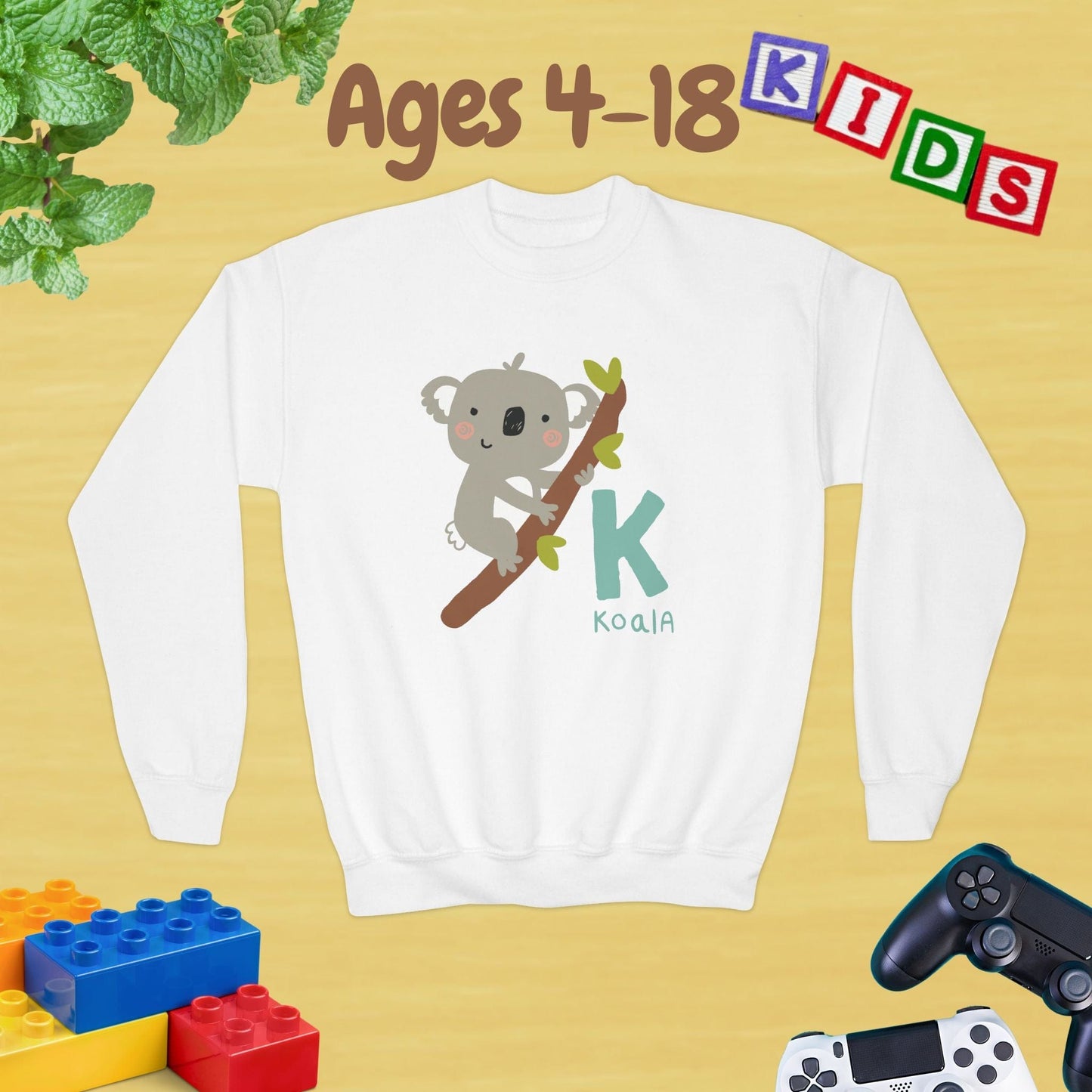 Animal Alphabet - K for Koala Ages 4-18 Unisex Kids and Teens Sweatshirt - Cozy Fall and Winter Youth Sweatshirt