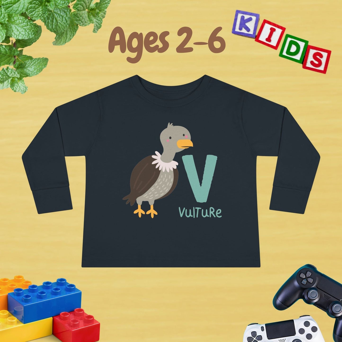 Animal Alphabet V for Vulture Unisex Kids Sweater Toddler Long Sleeve Tee Ages 2-6 - 100% Cotton Spring and Fall Kids Sweatshirt