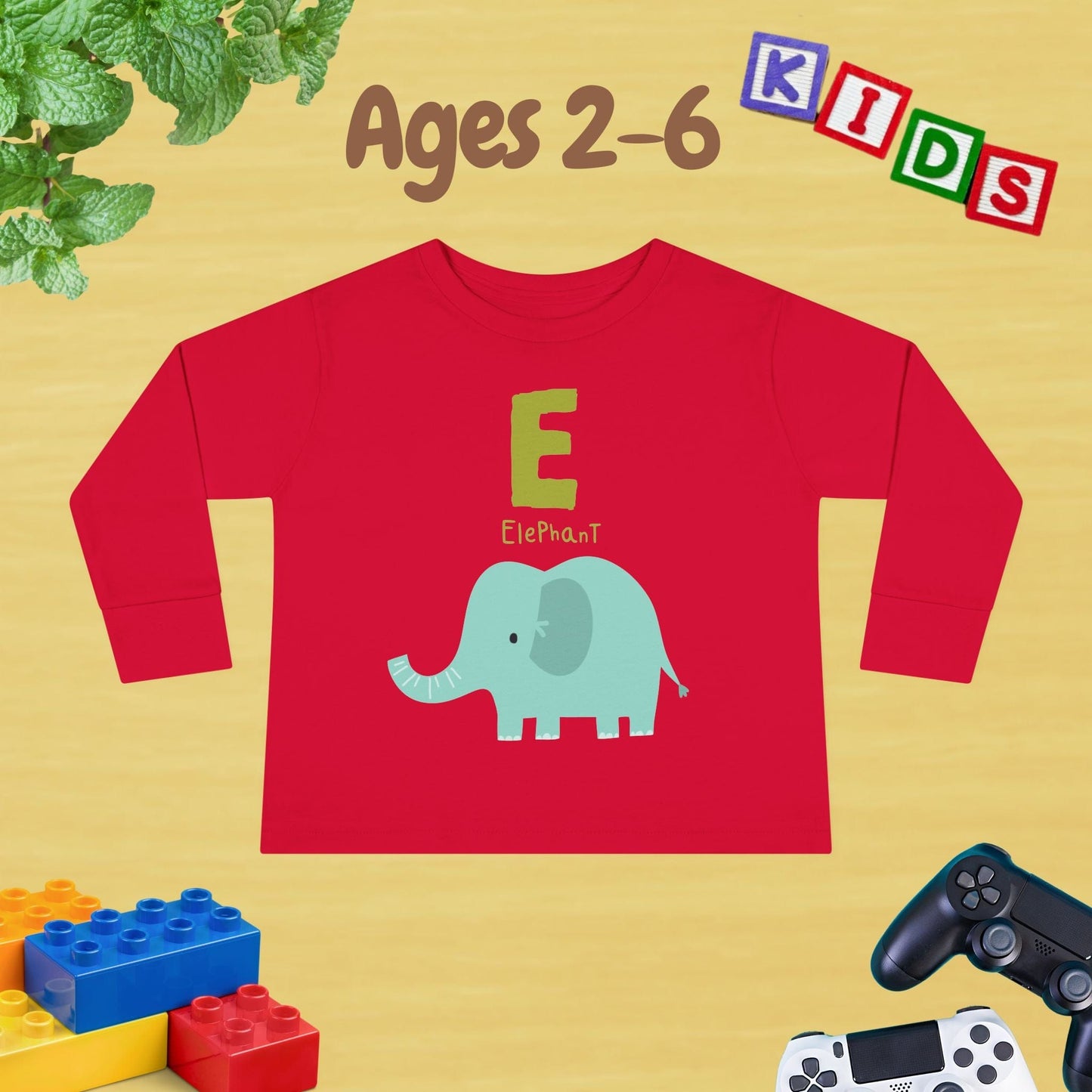 Animal Alphabet E for Elephant Unisex Kids Sweater Toddler Long Sleeve Tee Ages 2-6 - 100% Cotton Spring and Fall Kids Sweatshirt