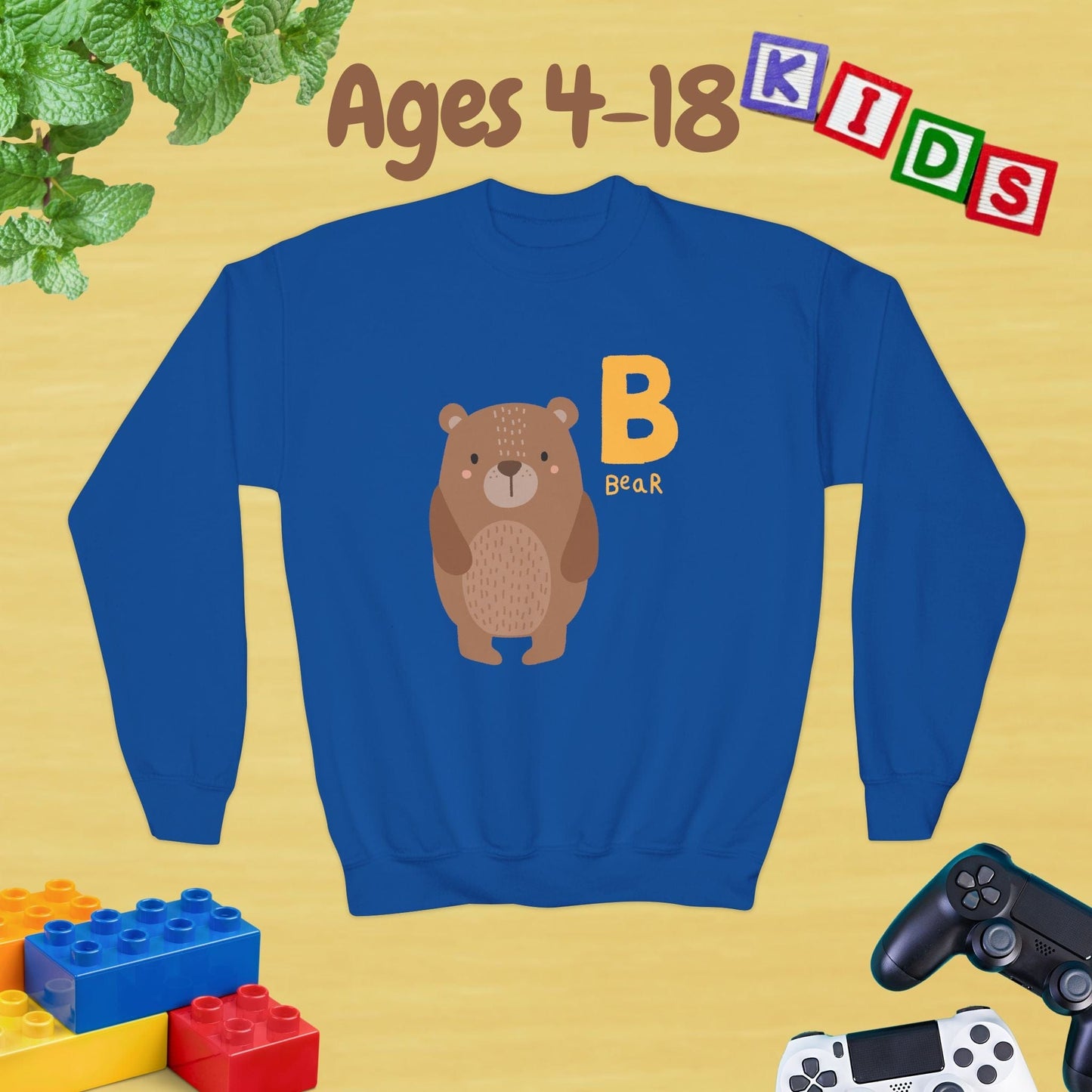 Animal Alphabet - B for Bear Ages 4-18 Unisex Kids and Teens Sweatshirt - Cozy Fall and Winter Youth Sweatshirt
