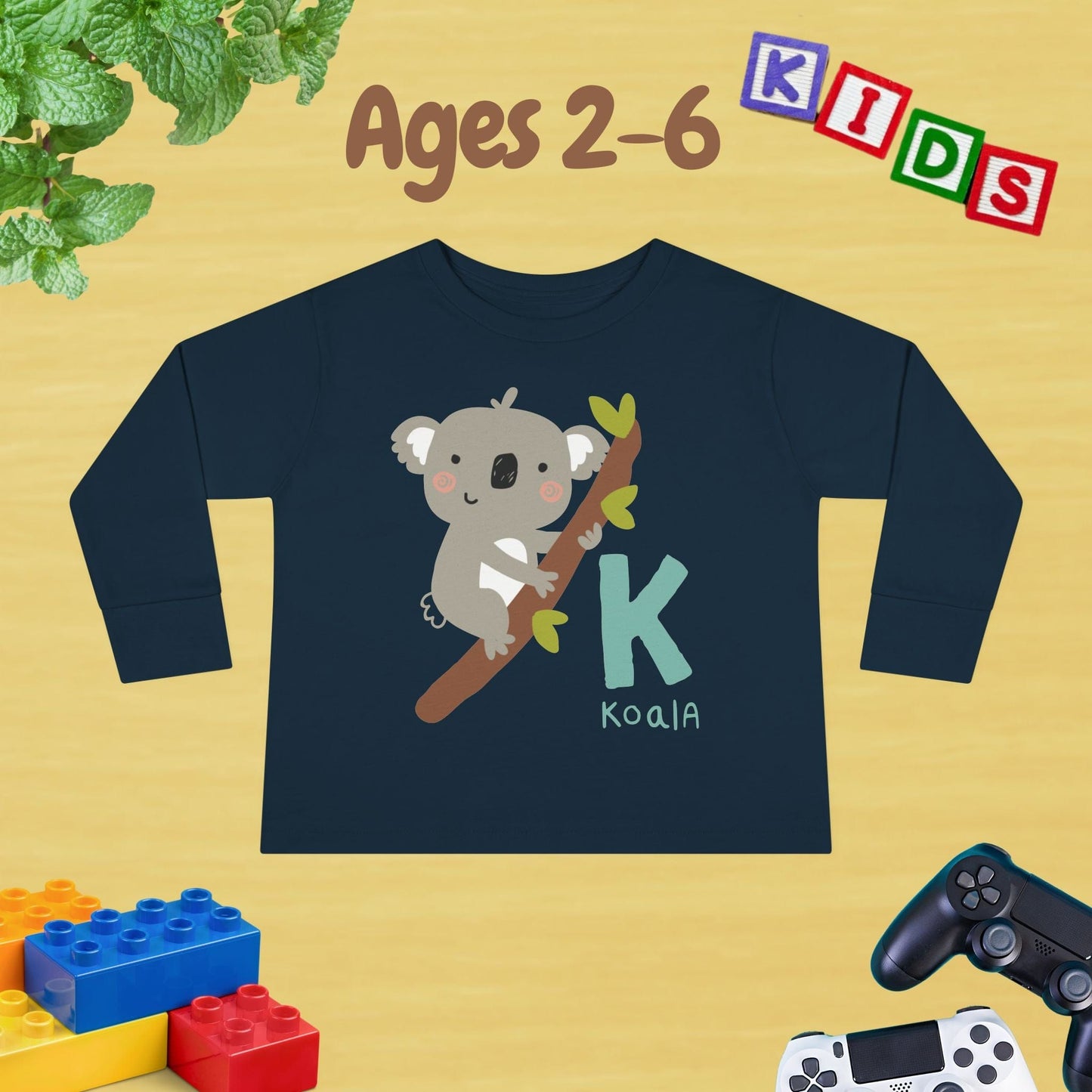 Animal Alphabet K for Koala Unisex Kids Sweater Toddler Long Sleeve Tee Ages 2-6 - 100% Cotton Spring and Fall Kids Sweatshirt