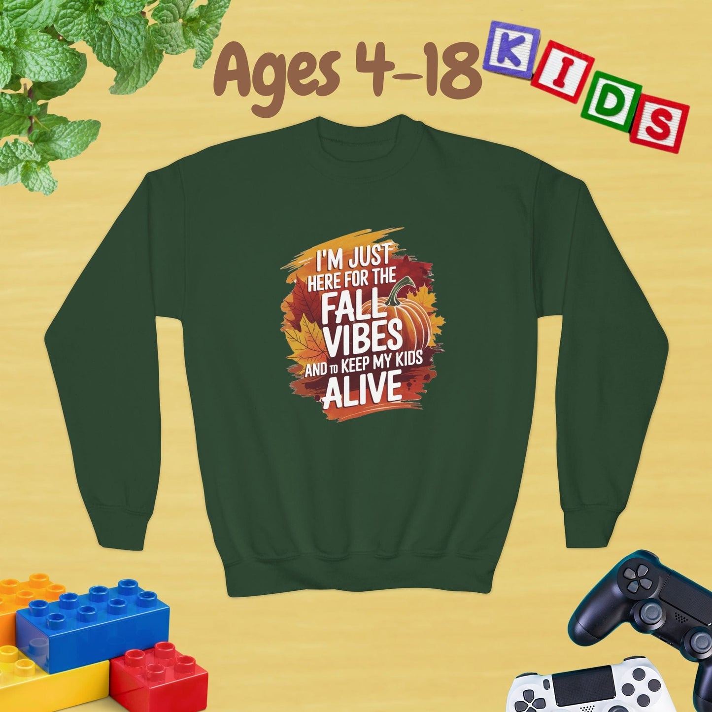 I am Just Here for the Fall Vibes & to Keep My Kids Alive Chill Unisex Ages 4-18 Kids Teens Sweatshirt - Cozy Fall Winter Youth Sweatshirt
