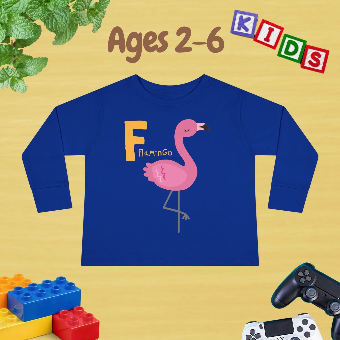 Animal Alphabet F for Flamingo Unisex Kids Sweater Toddler Long Sleeve Tee Ages 2-6 - 100% Cotton Spring and Fall Kids Sweatshirt