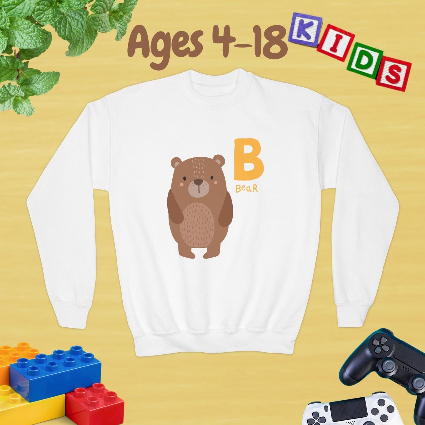 Animal Alphabet - B for Bear Ages 4-18 Unisex Kids and Teens Sweatshirt - Cozy Fall and Winter Youth Sweatshirt