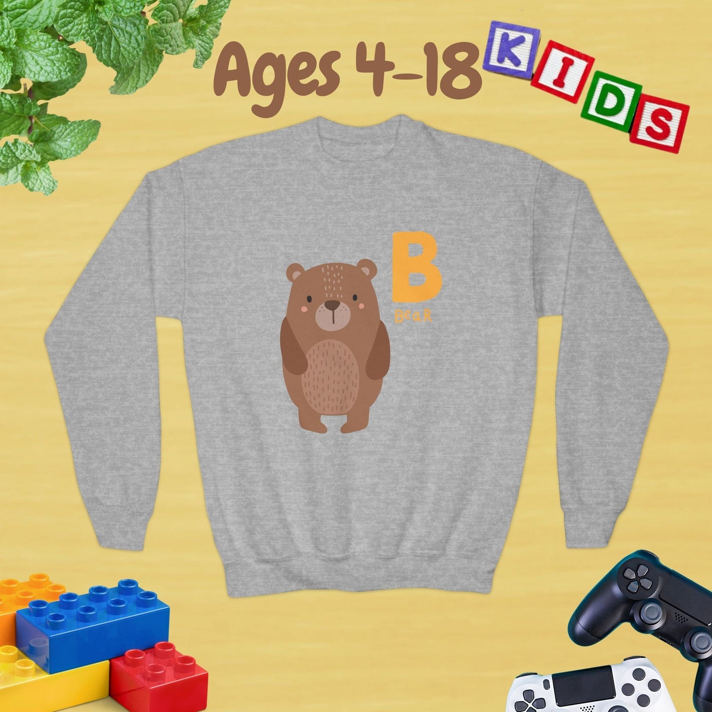 Animal Alphabet - B for Bear Ages 4-18 Unisex Kids and Teens Sweatshirt - Cozy Fall and Winter Youth Sweatshirt