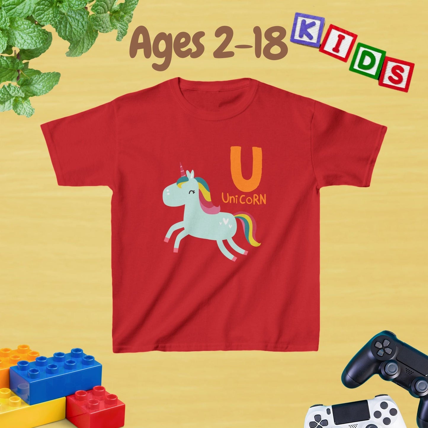 Animal Alphabet - U for Unicorn Unisex Kids Tee - Fun Educational Graphic Tee for Age 2-18 Kids