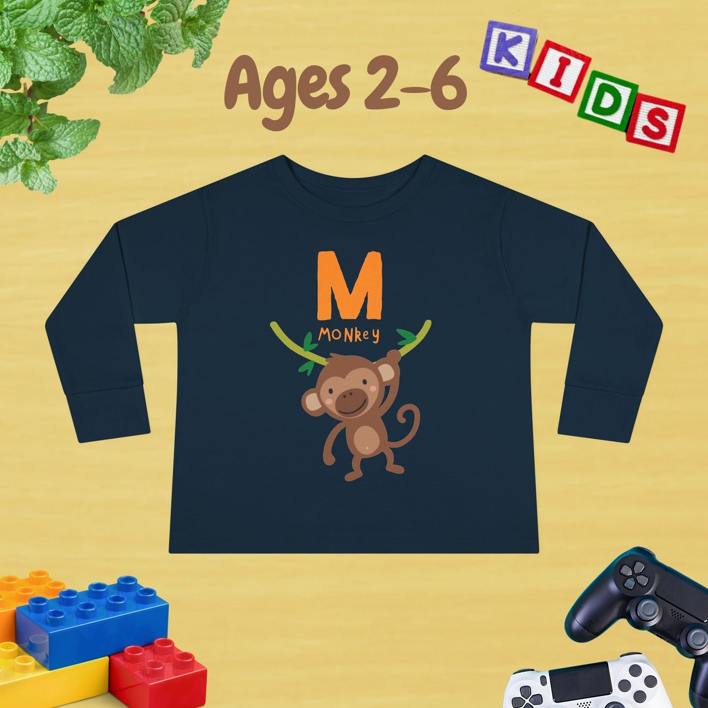 Animal Alphabet M for Monkey Unisex Kids Sweater Toddler Long Sleeve Tee Ages 2-6 - 100% Cotton Spring and Fall Kids Sweatshirt