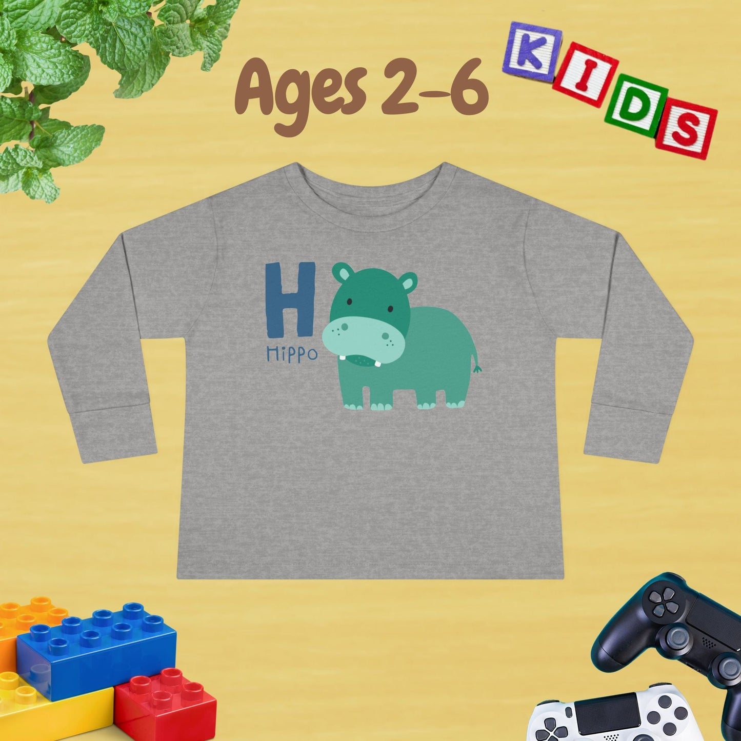 Animal Alphabet H for Hippo Unisex Kids Sweater Toddler Long Sleeve Tee Ages 2-6 - 100% Cotton Spring and Fall Kids Sweatshirt