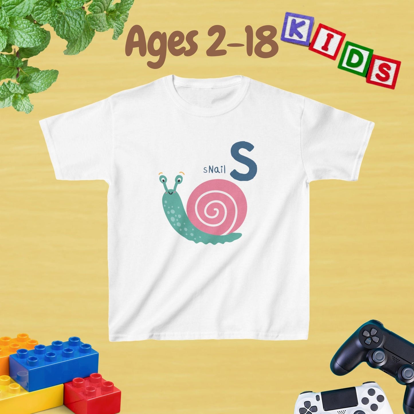 Animal Alphabet - S for Snail Unisex Kids Tee - Fun Educational Graphic Tee for Kids Age 2-18