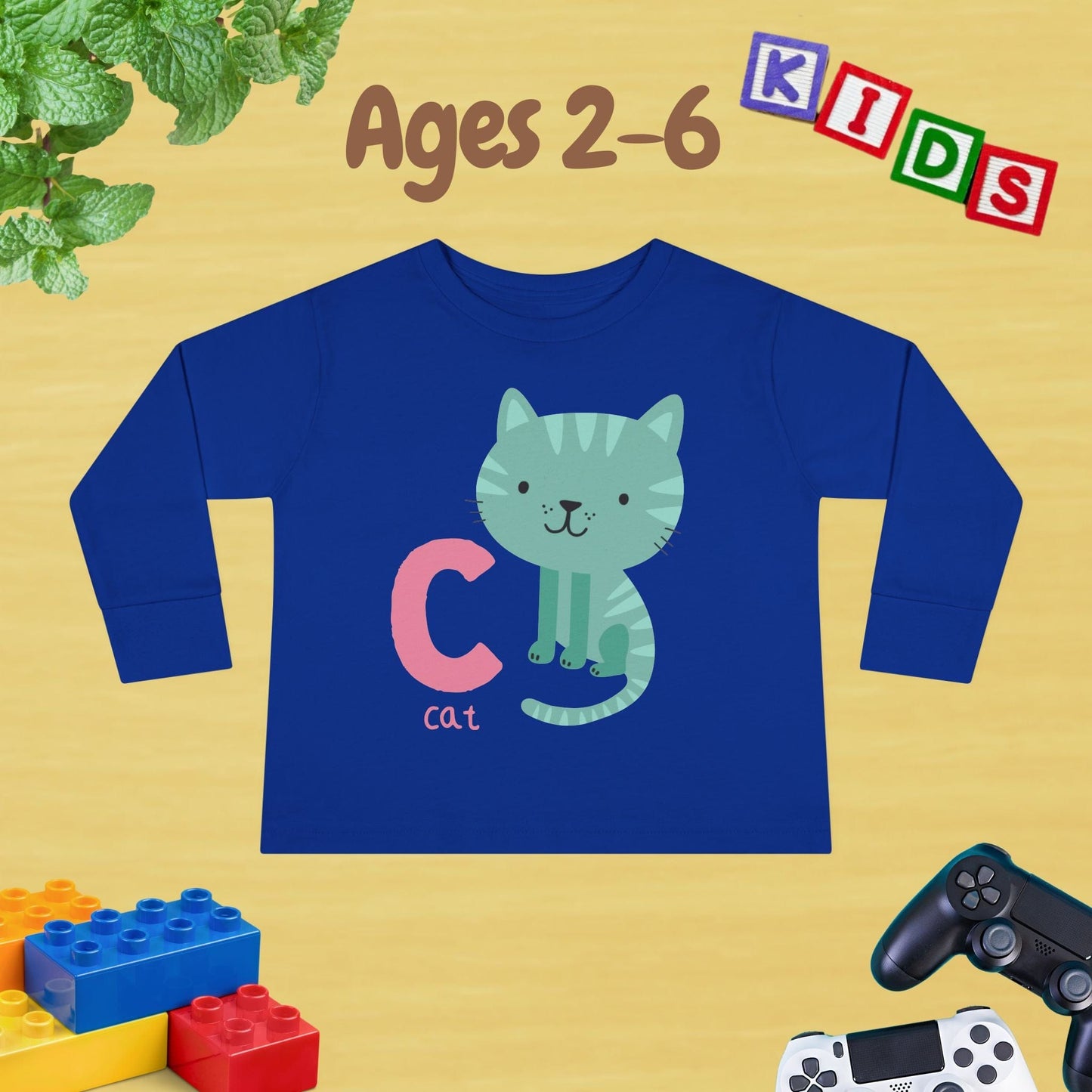 Animal Alphabet C for Cat Unisex Kids Sweater Toddler Long Sleeve Tee Ages 2-6 - 100% Cotton Spring and Fall Kids Sweatshirt