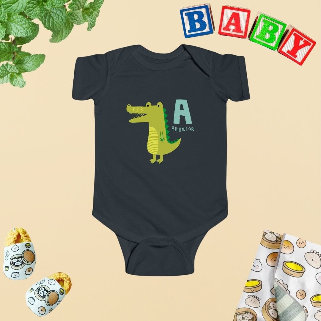 a baby bodysuit with an alligator on it