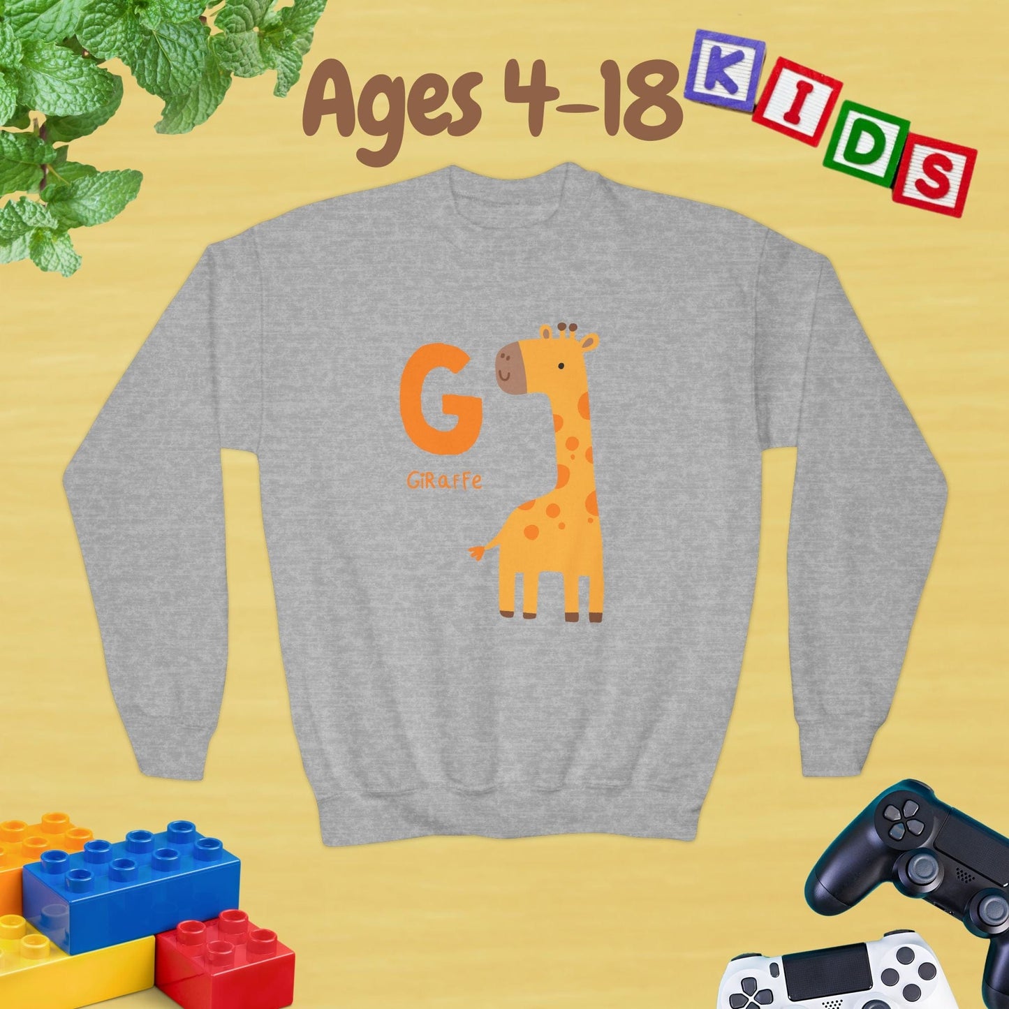 Animal Alphabet - G for Giraffe Ages 4-18 Unisex Kids and Teens Sweatshirt - Cozy Fall and Winter Youth Sweatshirt