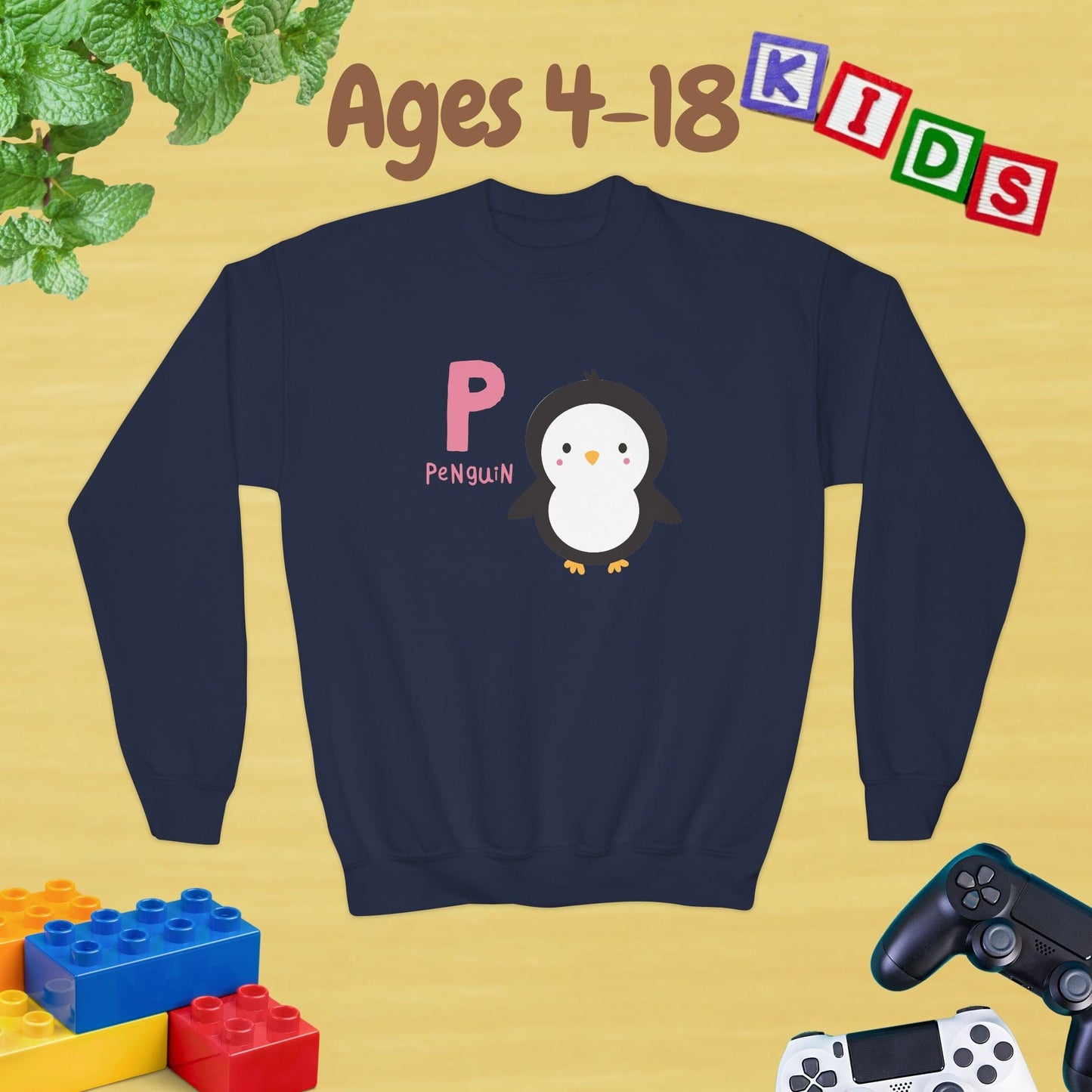 Animal Alphabet P for Penguin Ages 4-18 Unisex Kids and Teens Sweatshirt - Cozy Fall and Winter Youth Sweatshirt