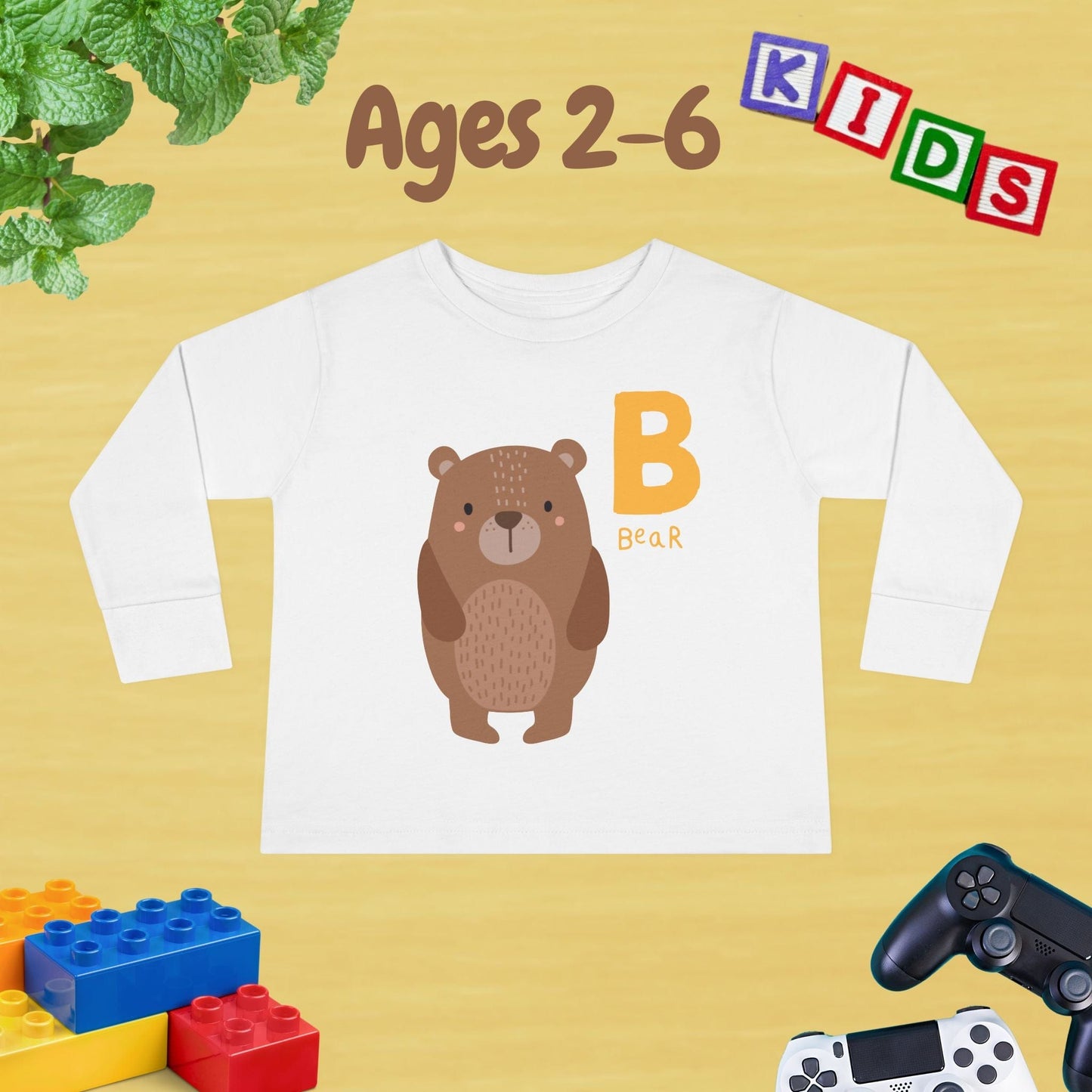 Animal Alphabet B for Bear Unisex Kids Sweater Toddler Long Sleeve Tee Ages 2-6 - 100% Cotton Spring and Fall Kids Sweatshirt